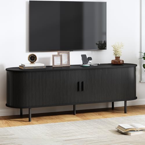 63" TV Stand with Power Outlet, Modern Media Console with Sliding Doors, Entertainment Center for TVs up to 60 Inch, Adjustable Shelves, Black - color: Black, size: 63 Inch