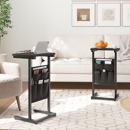 HOOBRO C Shaped End Table, 28.3" Side Table for Small Spaces, Couch Table, Slide Under Sofa Tray Table, Storage Bag, for Living Room, Bedroom, Black BB40SF01 - color: Black