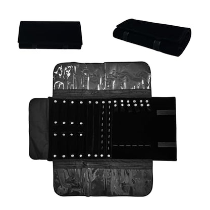 Velvet Travel Jewelry Case Roll Bag Organizer for Necklace Bracelet Earrings Ring - color: Black
