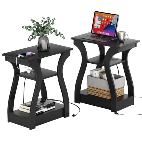 FROMJBEST Black End Table Set of 2 with Charging Station, Side Table with USB Ports and Outlets, Black Nightstand, 3 Tier End Table with Storage Shelf for Living Room, Bedroom - color: Black