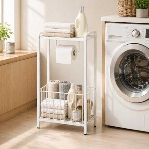 Bathroom Toilet Paper Holder Stand with Storage Basket and Top Shelf, Free-Standing Toilet Tissue Organizer for Small Bathrooms, Metal Toilet Paper Rack with Magazine Holder – White - color: White