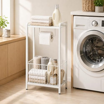 Bathroom Toilet Paper Holder Stand with Storage Basket and Top Shelf, Free-Standing Toilet Tissue Organizer for Small Bathrooms, Metal Toilet Paper Rack with Magazine Holder – White - color: White