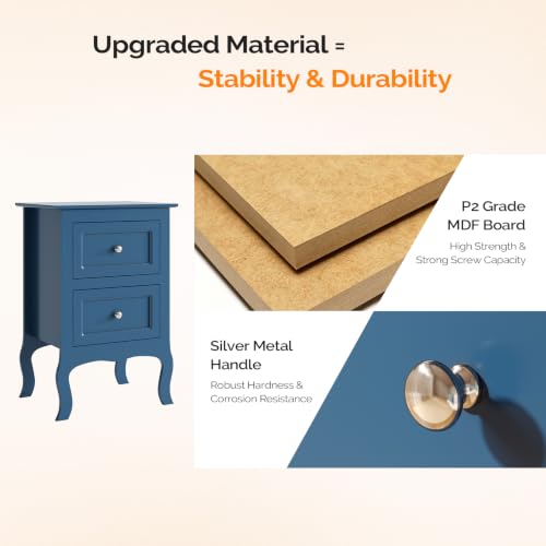 Bonnlo Blue Nightstand with 2 Drawers, Blue Night Stand Bedside Table for Bedroom, Kids Room, Living Room, Small Spaces, Dorm, 15.75" W x 11.8" D x 23.6" H - color: Navy Blue