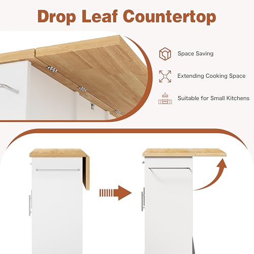 JY QAQA 42" Rolling Kitchen Island Cart with Storage, Drop Leaf Countertop, Drawers & Towel Rack, Mobile Kitchen Table on Wheels for Kitchen Dining Room, White - color: White