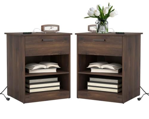 Night Stand Set 2 with Charger Station, Modern Nightstand with USB Type-C Ports and AC Outlets, Large Bedside Table with Drawer and Open Storage, Wooden End Table for Bedroom, Brown - color: Brown, size: 1 Drawer-Set of 2
