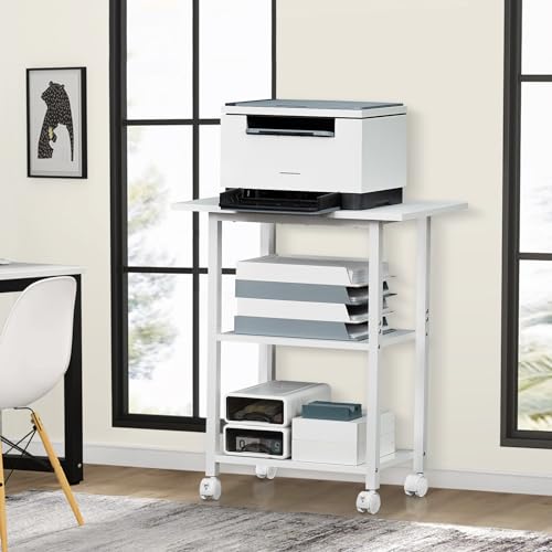 Lerliuo 3-Tier Printer Stand, Industrial Mobile Printer Table with Storage Shelf and Steel Frame, Rolling Printer Cart Holder with Lockable Wheels for Home, Office (White) | White Mobile Printer Cart Holder for Home Office, Lockable Wheels, Open Storage S