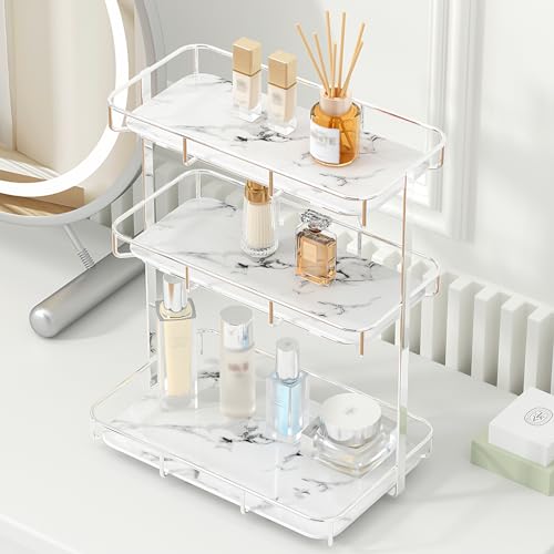 Bathroom Organizer Countertop Perfume Organizer Makeup Organizer Cosmetics Storage Display Rack Vanity Tray Dresser Stainless Steel Gold Shelf White Marble Ceramic Tray - color: 3 Tier Xl-sliver