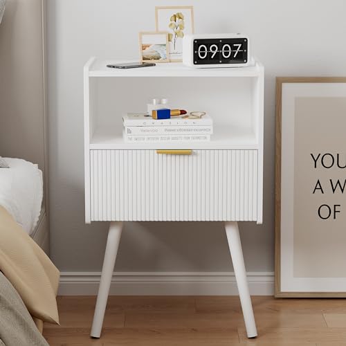 JOONEE White Nightstand,Modern Bedside Table with Storage Drawer and Open Wood Shelf, for Living Room, Bedroom and Small Spaces, Accent Night Stand with Solid Wood Legs, Easy Assembly,Classic White - color: White