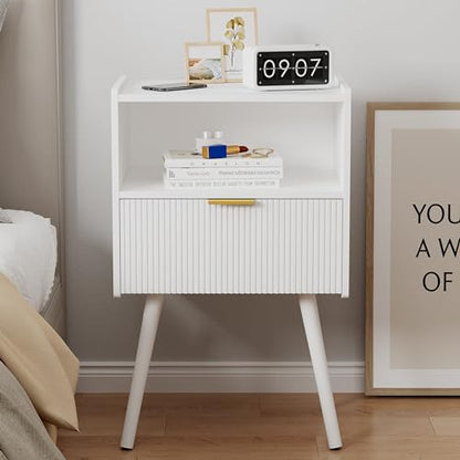 JOONEE White Nightstand,Modern Bedside Table with Storage Drawer and Open Wood Shelf, for Living Room, Bedroom and Small Spaces, Accent Night Stand with Solid Wood Legs, Easy Assembly,Classic White - color: White