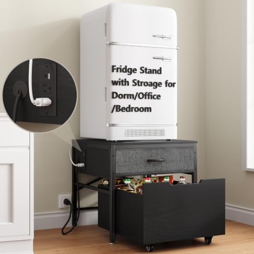 MAJALiS Mini Fridge Riser Stand Table Cabinet Shelf with Storage Space | Beverage Station To Go Over Small Refrigerator With Power Outlet, Metal Minifridge Organizer For Dorm, Office, College - color: Black-with Power Outlet
