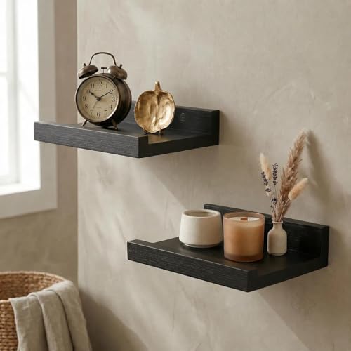 Z metnal Small Floating Shelves, Natural Wooden Display Wall Shelf for Picture Ledge, Nursery Floating Shelves, Black, Wall Mounted, 8 x 5.5 inch, 2 Pcs - color: Black, size: 8 Inch