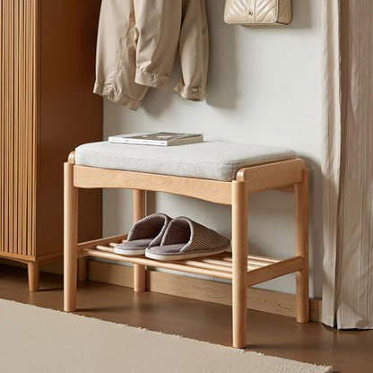 Solid Wood Shoe Bench, Small Entryway Bench with Light Gray Cushion | Natural oak finish with visible wood grain and soft cushion creates a compact, stylish seat for small spaces. - color: Natural + Light Gray Cushion, size: 17.71"