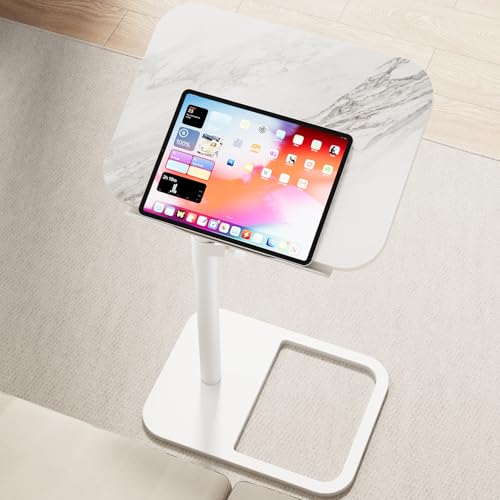 GOYLSER Adjustable Height Sofa C Table, 360° Swivel/180° Flip-Over Panel Side Table with Tablet Slots for Small Spaces, Morden TV Tray Couch Tables for Dinner Eating (White Marble) - color: White Marble, style: Tilt C Table