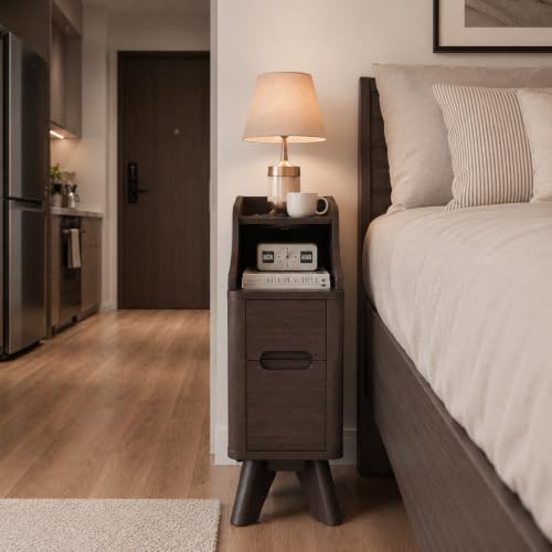 7.87"Narrow Side Table, Wood Small 2 Drawer Nightstand with Charger Station | Thin Couch Side End Table, Brown Skinny Bedside Table Small Spaces, Mid Century Modern Night Stand with Drawers - color: Brown, size: Narrow (2 drawer)