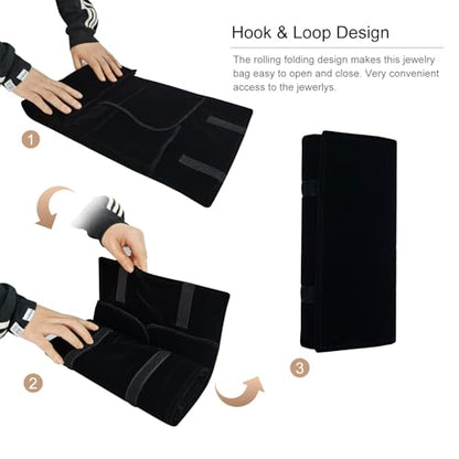 Velvet Travel Jewelry Case Roll Bag Organizer for Necklace Bracelet Earrings Ring - color: Black