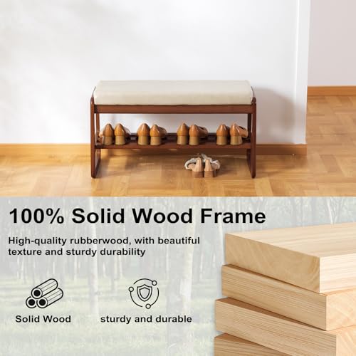 SOBIBO Solid Wood Shoe Bench, 2-Tier Wooden Entryway Bench, Modern Shoe Rack with Faux Leather Cushion for Hallway, Living Room (Gray, 31.5'') - color: Beige, size: 31.5 inches