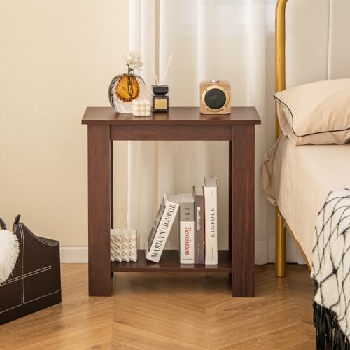 Giantex Narrow End Table Set of 2, 2-Tier Side Table with Open Storage Shelf, Retro Wood Sofa Table Bedside Tables for Small Spaces, Slim Nightstand for Living Room, Bedroom, Easy Assembly, Walnut - color: Walnut