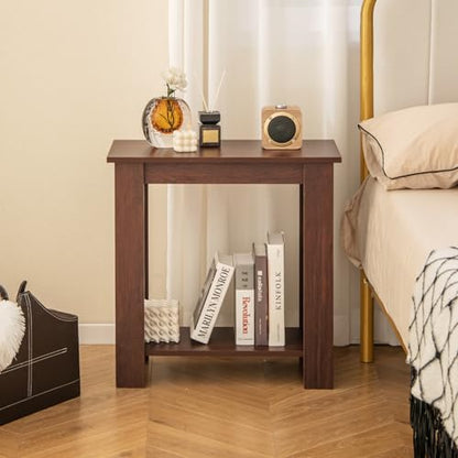 Giantex Narrow End Table Set of 2, 2-Tier Side Table with Open Storage Shelf, Retro Wood Sofa Table Bedside Tables for Small Spaces, Slim Nightstand for Living Room, Bedroom, Easy Assembly, Walnut - color: Walnut