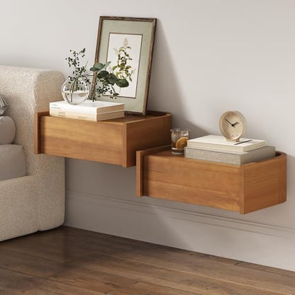 Nathan James Tyla Wall Mounted Bedside Table, Floating 1-Drawer Nightstand with Rounded Edges, Light Brown Set of 2 - color: Tyla Light Brown, size: Set of 2