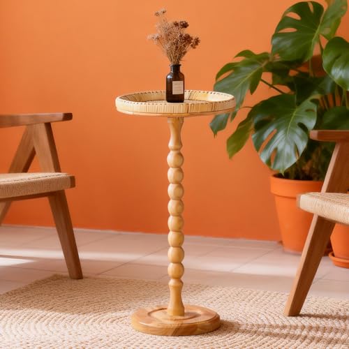 Small Side Table, Rattan Drink Table, Round Side Table for Small Spaces, Boho Circle End Table Coffee Table with Solid Wood Leg for Living Room, Pedestal Table for Bedroom, Corners - size: High: 25", style: Bohemian