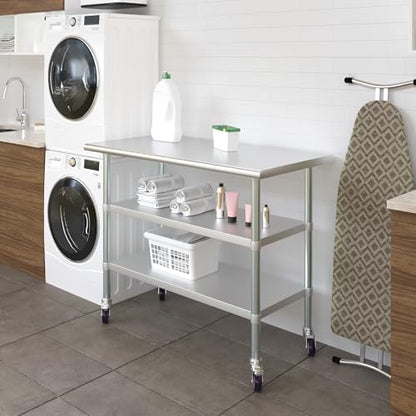 AmGood Stainless Steel Work Table with 2 Shelves and Casters | Metal Utility Table On Wheels (Stainless Steel Work Table with 2 Shelves + Casters, 48" Long x 24" Deep) - size: 48" Long x 24" Deep