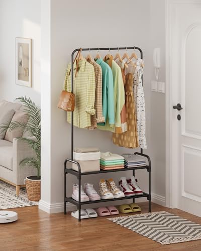 Sakugi Clothes Rack - 29.3" × 12.5" × 59.6" Clothing Rack and Shoe Rack with Anti-Slip Stopper, Large Capacity Rack with 2-Tier Shoe Organizer, Clothes Organizer for Bedroom, Entrance, Laundry, Black - color: Black
