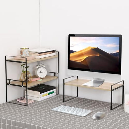 YGYQZ Desk Shelf Organizer for Top of Desk, 3-Tier Desktop Bookshelf, Black & Wood - color: 3-tier Black/Wood