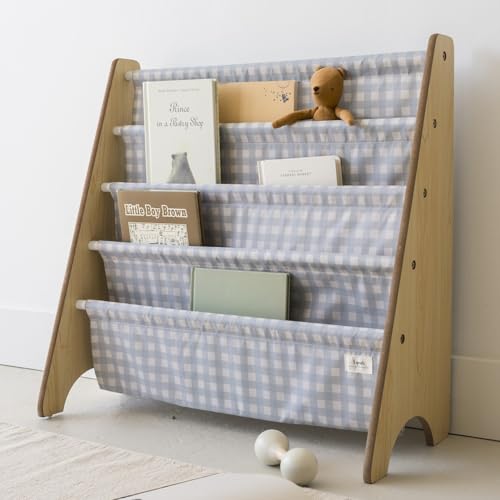 3 Sprouts Recycled Kids Bookshelf, Holds 35 Books, 4-Tier, Gingham Blue | Space-saving bookshelf, Children's room, Toddler bookcase organizer, Ages 3+, Book/toy storage, Front-facing, Covers visible - color: Gingham Blue