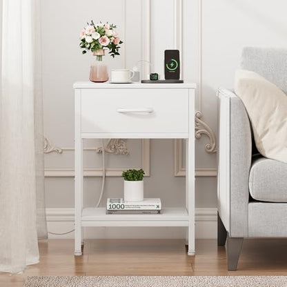 Vagusicc White Nightstand Set of 2 with Charging Station, Bed Side Table with Fabric Drawer, Small End Table with 2-Tier Storage Shelves, 25.4" Tall Bedside Table, Night Stand for Bedroom, Living Room - color: White (2 Pack)