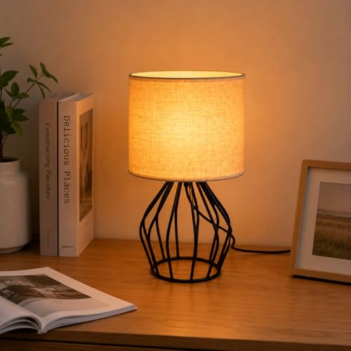 Small Bedside Lamp for Bedroom, Decorative Nightstand Lamp with Black Metal Base and Linen Shade, Cute Table Lamp for Small Spaces, Dorm Room & Apartment