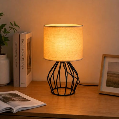 Small Bedside Lamp for Bedroom, Decorative Nightstand Lamp with Black Metal Base and Linen Shade, Cute Table Lamp for Small Spaces, Dorm Room & Apartment