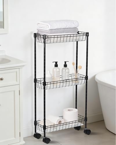 4-Tier Slim Rolling Storage Cart, 5.91" Wide Narrow Metal Utility Cart on Wheels, Multi-Functional Adjustable Shelving Unit with Anti-Fall Pads for Kitchen Gap, Bathroom, Laundry Room, Black - size: 3-tier