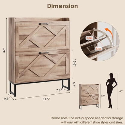 Nicetree Shoe Cabinet with 2 Flip Drawers，Freestanding Shoe Storage Cabinet, Narrow Shoe Organizer Cabinet, Farmhouse Slim Shoe Rack Cabinet for Entryway,Toasted Oak - color: Toasted Oak