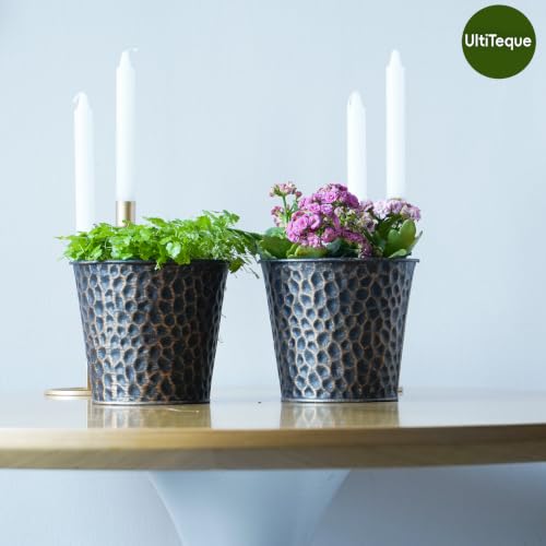 6in Metal Copper Planter Set of 2, Hammered Plant Pots 6" H×7" W, Built-in Tray & Inner Pots, Use as Vase/Candle Holder/Christmas Decor, Includes Pebbles, for Indoor/Outdoor Plants