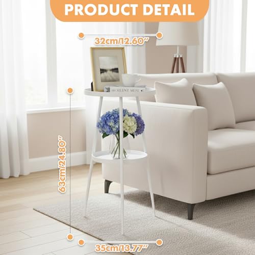ShellKingdom Small Round Side Table, 2 Tier Metal End Table for Indoor Outdoor Bedroom Living Room Home Office Nightstand (White) - color: White
