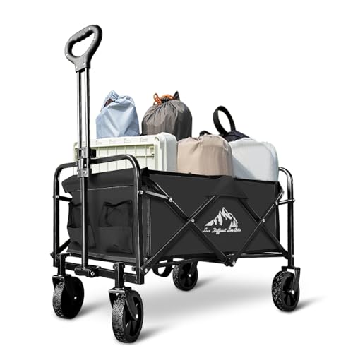 Collapsible Wagon with Quiet Wheels - Silent Grocery Shopping Cart for Seniors, Foldable Utility Cart for Laundry & Apartment, Washable Heavy Duty Rolling Wagon with Two Mesh Pockets, Black - color: Black