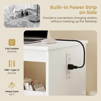 Giantex Folding Sewing Table with Charging Station, Storage Trays & Shelf | Rolling Craft Table with Lockable Wheels, Foldable Sewing Machine Cabinet Desk for Small Spaces, Dorms, White - color: White