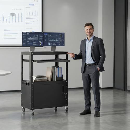 Mobile AV Cart, Adjustable Height Rolling Computer Cart with Pullout Keyboard Tray – Locking Cabinet, 3 Outlets & 2 USB Ports, Lock Brake Casters–Media Utility Cart on Wheels for Home/Office - size: Style 1 18"D x 24"W x 43.3"H