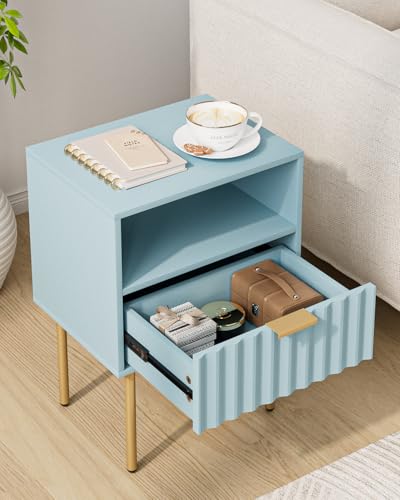 Night Stand,Modern Bedside Table with Drawer and Shelf,Blue Night Stand with Gold Frame,Small Side Table for Bedroom,Living Room - color: Blue