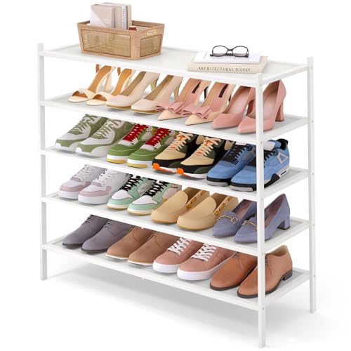 Smiry Bamboo Long Shoe Rack, 5 Tier Shoe Organizer for Closet, White | Stackable Shoe shelf for Entryway, Free Standing Storage for Shoes, Bags & Plants, with Solid Slab Shelves - color: White, size: 5 Tier-33.86" Wide