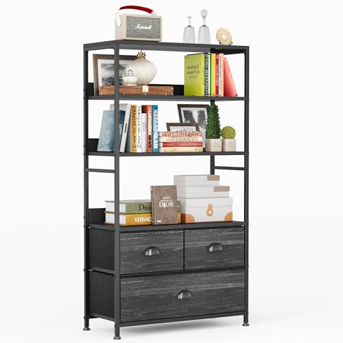 6 Tier Bookshelf, 47-Inch Small Bookcase with 3 Fabric Storage Drawers, Wood and Metal Book Shelf Storage Organizer, Industrial Display Standing Shelf Unit for Bedroom, Living Room, Black - color: Black