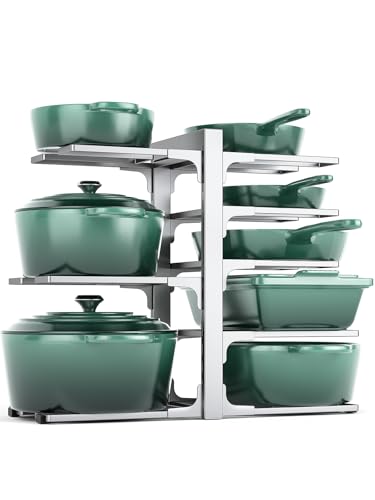 MUDEELA 8-Tier Pots and Pans Organizer under Cabinet, 15.83" Height Heavy Duty Pot Pan Organizer Kitchen Cabinet Organization and Storage, Adjustable Pot Rack for Frying Pan, Cast Iron Skillet, Sliver - color: Silver, size: 15.83"H