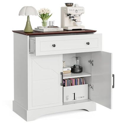 LCRBOL Sideboard with Drawer & Doors, Modern, Walnut Top & White | 30"W x 15.2"D x 32.2"H, 100 lbs top / 30 lbs shelf, 1 drawer & 2-door cabinet, adjustable shelf, soft-close hinges - color: White