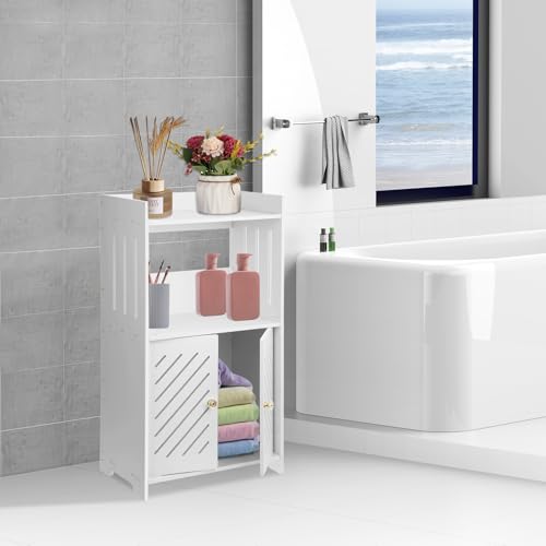 Bathroom Storage Cabinet, 3-Tier Bathroom Floor Cabinet, Small White Floor Cabinet Freestanding Organizer with Door and Shelf, for Bathroom, Living Room, Entryway, Kitchen, Hallway Small Space