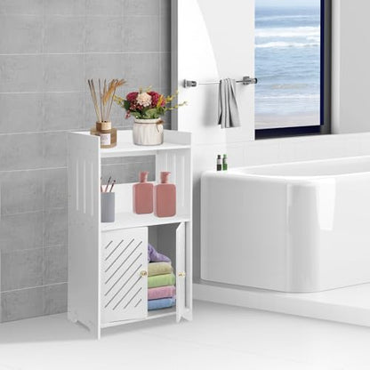 Bathroom Storage Cabinet, 3-Tier Bathroom Floor Cabinet, Small White Floor Cabinet Freestanding Organizer with Door and Shelf, for Bathroom, Living Room, Entryway, Kitchen, Hallway Small Space