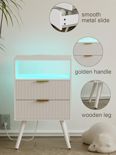 Leomonio Nightstand with Charging Station and LED Lights, Modern Bedside Table with 2 Storage Drawer and Open Wood Shelf for Bedroom and Small Spaces, Night Stand with Solid Wood Legs - color: White-outlet