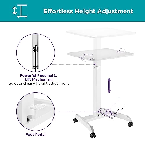 Kantek Mobile Sit Stand Laptop Cart, Adjustable Height (29"-49"), Rolling Laptop Computer Workstation 23.6" x 20.5", Foot Pedal Control, Steel Frame, White - color: White, style: Compact