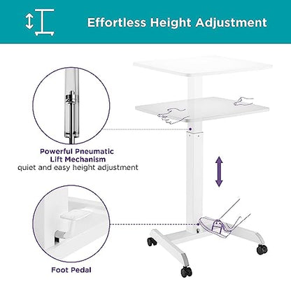 Kantek Mobile Sit Stand Laptop Cart, Adjustable Height (29"-49"), Rolling Laptop Computer Workstation 23.6" x 20.5", Foot Pedal Control, Steel Frame, White - color: White, style: Compact