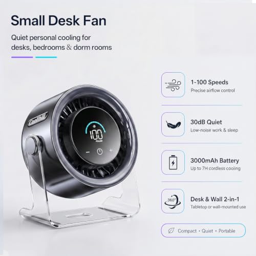 USB Desk Fan for Bedroom: 100 Speeds Digital Display Quiet Portable Fan with Turbo Airflow, 120° Rotating Small Rechargeable Battery Desktop & Wall-Mounted Fans for Bedroom Home Office (Black) - color: Black
