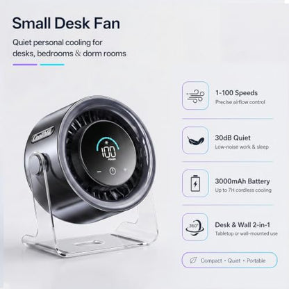 USB Desk Fan for Bedroom: 100 Speeds Digital Display Quiet Portable Fan with Turbo Airflow, 120° Rotating Small Rechargeable Battery Desktop & Wall-Mounted Fans for Bedroom Home Office (Black) - color: Black